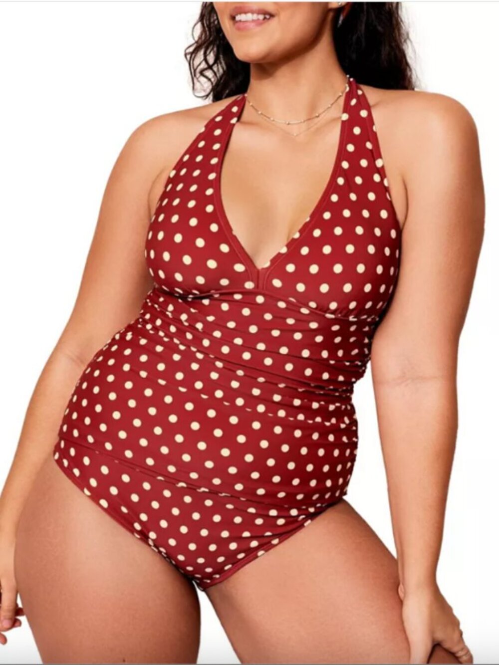 NWOT Plus Size Red Polka Dot Halter Slimming One-Piece Swimsuit 2X